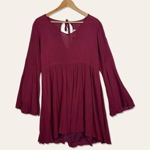 Altard State Boho V Neck Gauze Flowy Bell Sleeve Fit & Flare Mini Dress Maroon M